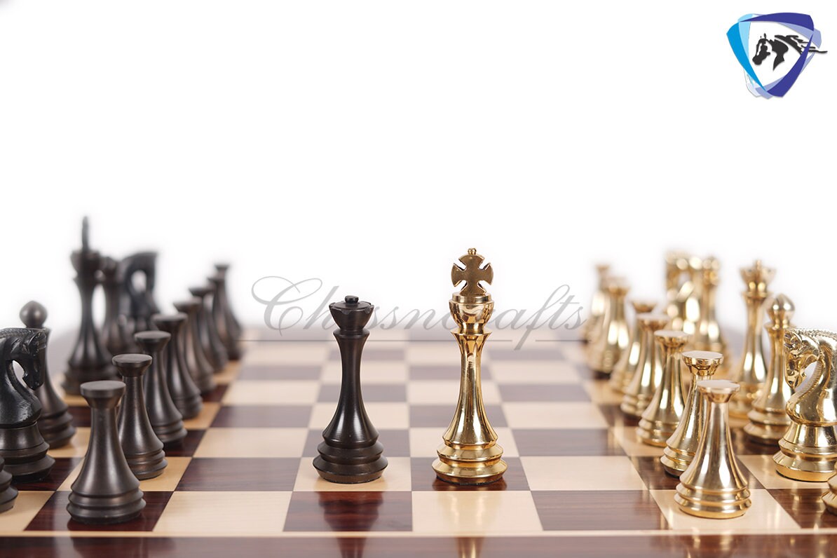 4.4" Brass Russian Zagreb (Leningrad) chess pieces set Antique & GOLD polish / 19" Rosewood(Dark Grain) Chess board Combo- Gift For Him