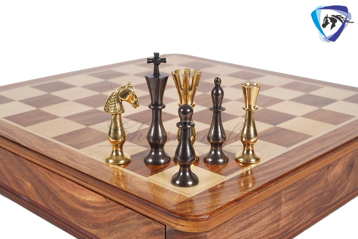 16" Brass Chess Board Set CLASSICAL Chess Pieces Black-gold and Rosewood Chess board with Storage drawer | Chess Gift /CHRISTMAS