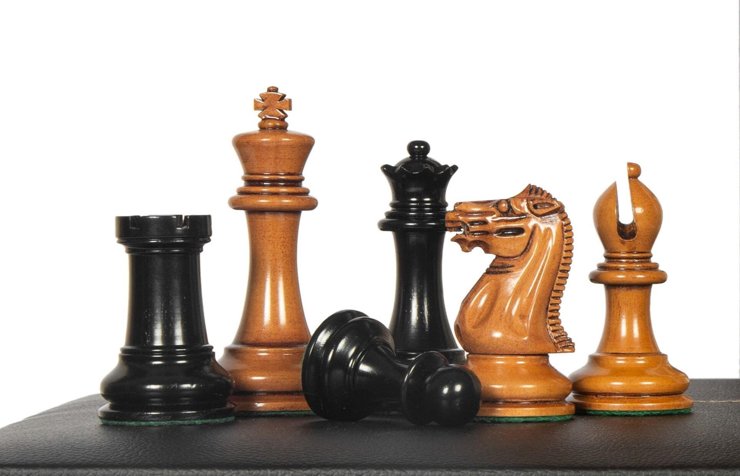 3.75" Staunton Chess Pieces Set 1849 Reproduced Antiqued Distressed & Ebony wood + 21" Ebony look chess board(sq 55mm) + Leather Storage box