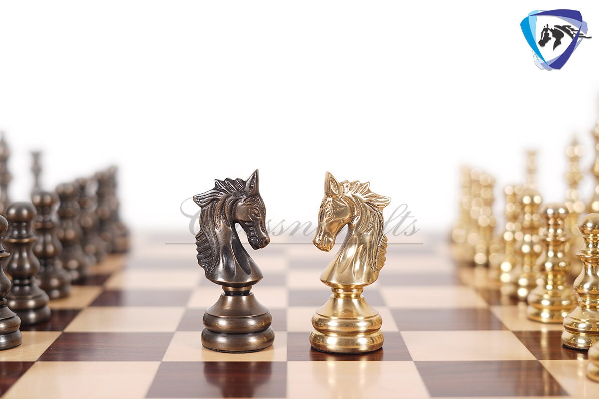 5" Brass Metal Chess Set Designer Spartan Collection - Gold & Antique Polish Brass Chess Pieces + 23" Rosewood(dark grain) Chess Board Combo