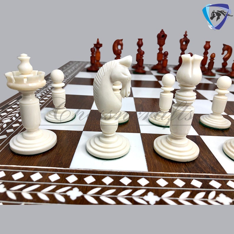 Combo Luxury Camel Bone Chess pieces Set ANTIQUE- White & 18" INLAY Art work Wooden folding chess board set.