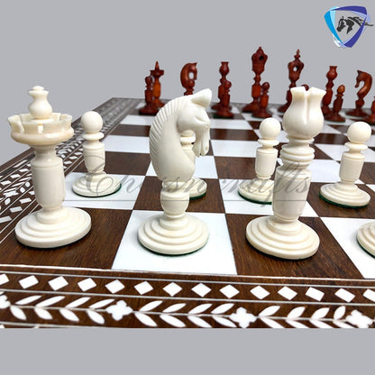 Combo Luxury Camel Bone Chess pieces Set ANTIQUE- White & 18" INLAY Art work Wooden folding chess board set.