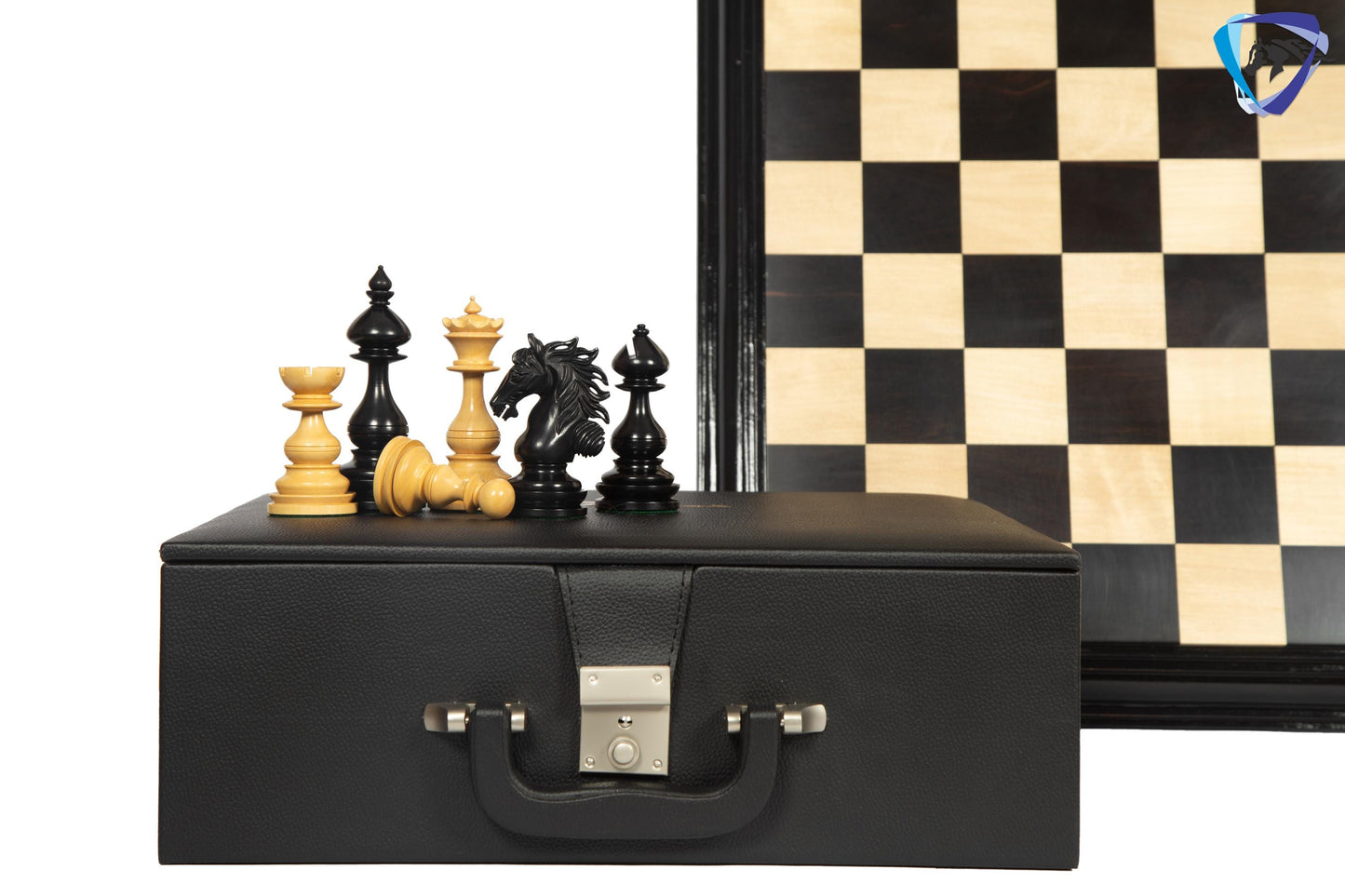 4.5" Staunton Ebony wood Chess pieces Set- WILD STALLION + 21" Ebony wood Chess Board STEPS border  + Leatherette storage Box.