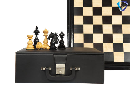4.5" Staunton Ebony wood Chess pieces Set- WILD STALLION + 21" Ebony wood Chess Board STEPS border  + Leatherette storage Box.