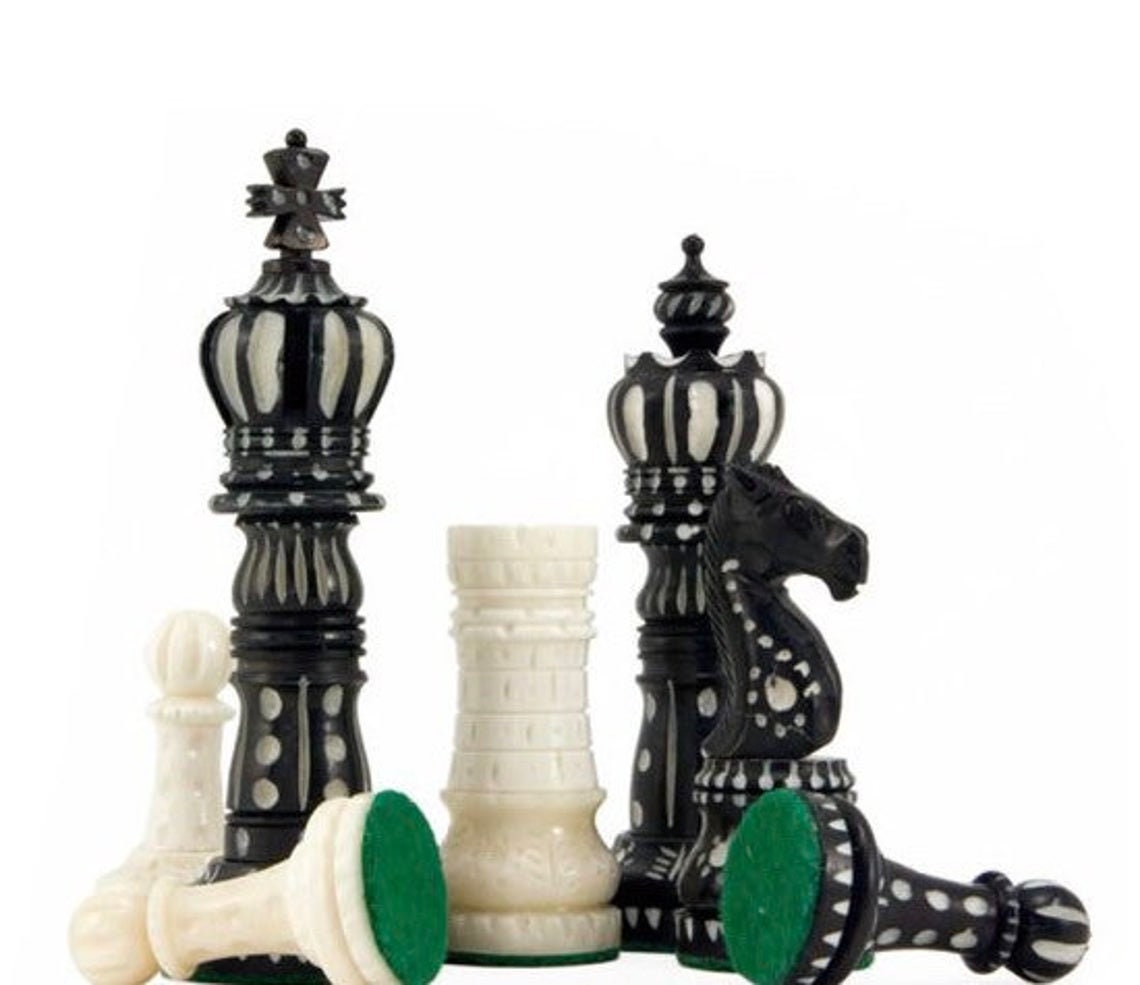 Combo of 16" INLAY ART WORK Wooden folding chess board and 4" Camel Bone Chess pieces Set Black & White