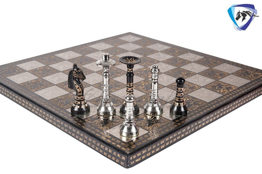 14" Solid Brass Metal Classic HUNGARIAN Hand carved Chess set- Slim chess men Carving with velvet storage box - Brass chess board set