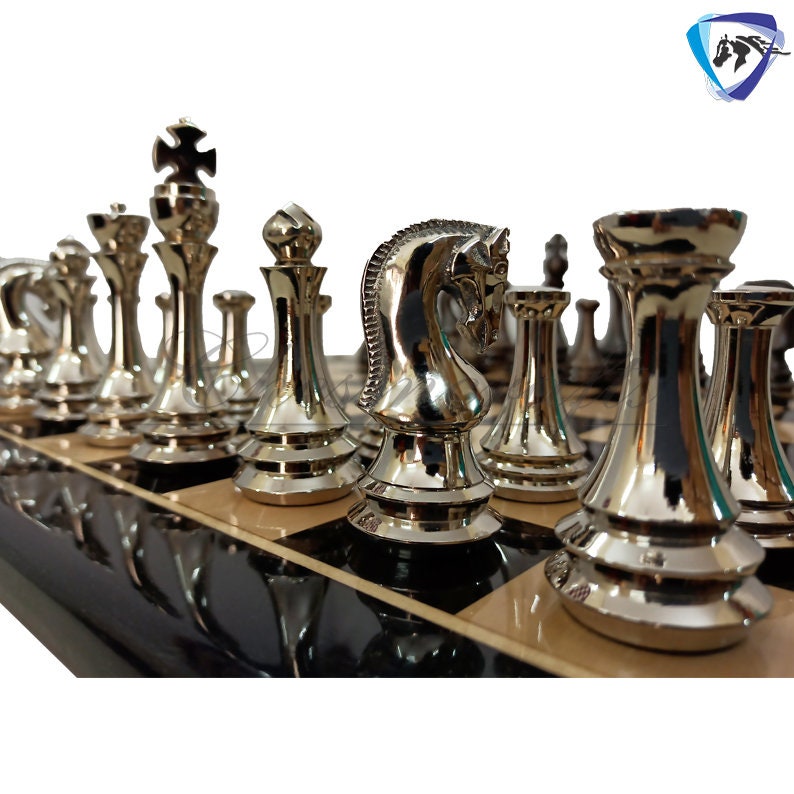 4.4" Brass Metal Russian Zagreb chess pieces set Reproduction Antique & Silver polish / 21" Ebonywood Chess Board Combo- Chess Gift.