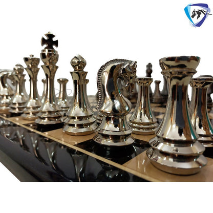 4.4" Brass Metal Russian Zagreb chess pieces set Reproduction Antique & Silver polish / 21" Ebonywood Chess Board Combo- Chess Gift.