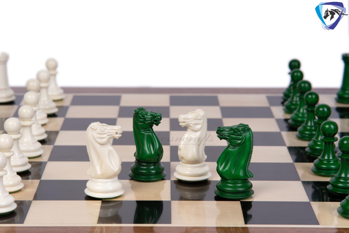 3.75" Camel Bone Staunton chess Pieces set- 1849 reproduced Cooke in Green-White + 21" Ebony wood chess board + Leather Storage Box