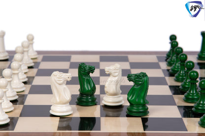 3.75" Camel Bone Staunton chess Pieces set- 1849 reproduced Cooke in Green-White + 21" Ebony wood chess board + Leather Storage Box