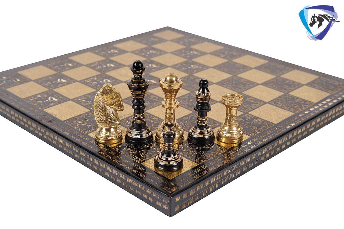 14" & 12" Brass Metal Chess Board Game Set Hand Carved With Brass chess pieces - Chess Board Set With Box-Velvet(Gold - Black)