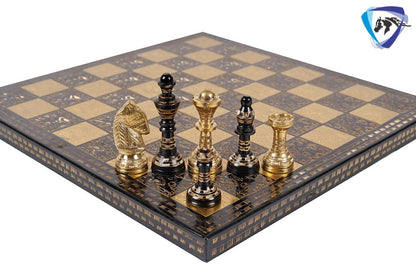 14" & 12" Brass Metal Chess Board Game Set Hand Carved With Brass chess pieces - Chess Board Set With Box-Velvet(Gold - Black)