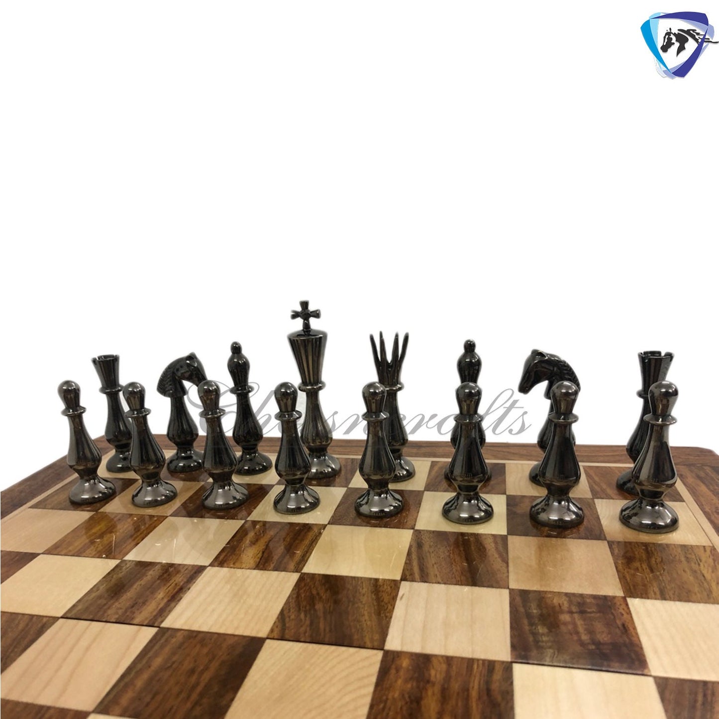 Brass Metal chess set with wooden chess board folding with storage- King 3.5" classical design gold & black glossy pieces.