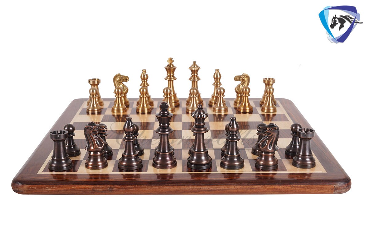 1849 Reproduced Staunton chess pieces set in Brass Metal Antique & Gold polish King: 3.4" + 16" Golden rosewood Chess Board + Storage Box