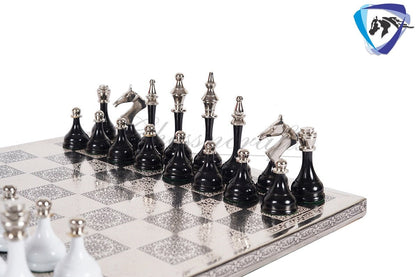 14" Brass Chess Board set- Modern Classic Hand carved- Soviet BLACK & WHITE EDITION chess pieces in velvet storage box - Chess Gift for Him