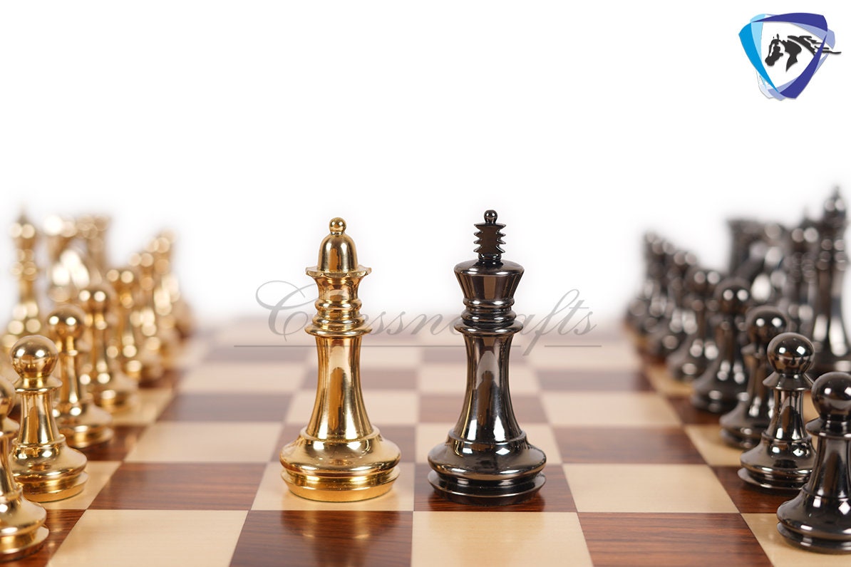 1849 Brass Staunton chess pieces set King: 4" Solid metal chess men + 21" Luxury Rosewood chess board(55mm) + Leather Storage box