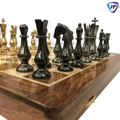 Brass Metal chess set with wooden chess board folding with storage- King 3.5" classical design gold & black glossy pieces.