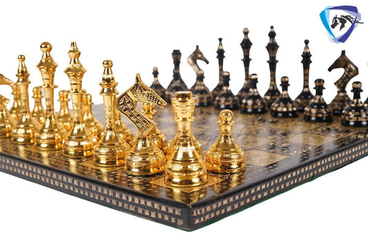 14" Solid Brass Metal Chess set- Russian Soviet Chess with Carving & Velvet storage box - Vintage Collector antique set
