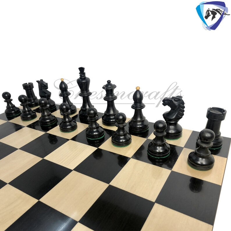 Reproduced Vintage 1950's Circa Bohemia Staunton Series German Chess Set in Ebonized Boxwood & Natural Boxwood - 3.89" King