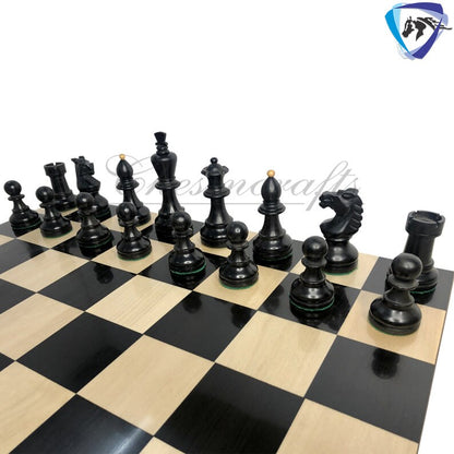 Reproduced Vintage 1950's Circa Bohemia Staunton Series German Chess Set in Ebonized Boxwood & Natural Boxwood - 3.89" King
