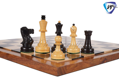 COMBO 3.75" Chess Pieces Set Soviet Grandmaster Supreme  Ebonised Boxwood + 16"(SQ:45mm) Ebonywood Chess Board - Chess Board Set