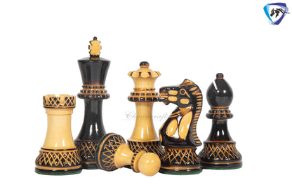 4" Staunton Chess Pieces set Burnt PARKER with Hand Carving broad base, Weighted + 19" Ebonywood chess board(sq 51mm) + Leather Storage Box