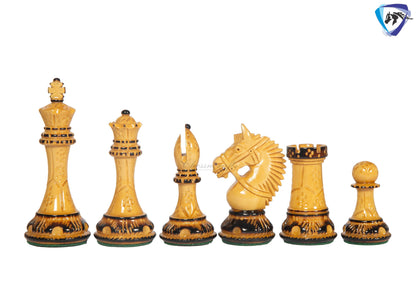4.1" Staunton Chess pieces Set in Burnt Boxwood with carving-EXCALIBUR  + 23" Ebony wood Chess Board(60MMSQ) + Leather Storage Box COMBO
