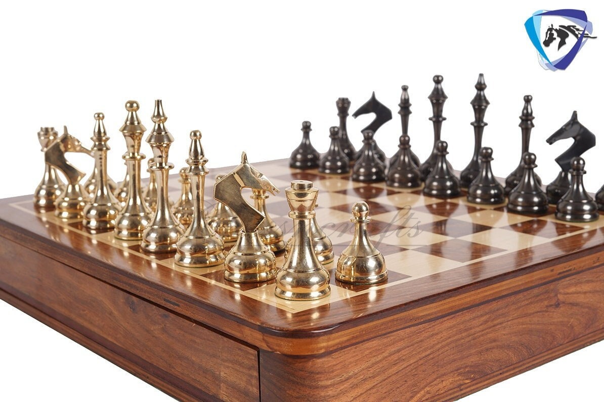 16" Brass Chess Board Set MODERN CLASSIC Chess Pieces Black-gold and Rosewood  Chess board with Storage drawer- Chess Gift- Gift for Him