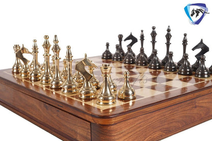 16" Brass Chess Board Set MODERN CLASSIC Chess Pieces Black-gold and Rosewood  Chess board with Storage drawer- Chess Gift- Gift for Him