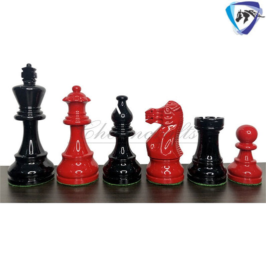 Classic Staunton Chess pieces Set Boxwood Painted Red & Black - King 3.75"  Weighted 2 Extra Queens- Lacquered glossy polish.