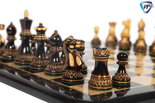 4" Staunton Chess Pieces set Burnt PARKER with Hand Carving broad base, Weighted + 19" Ebonywood chess board(sq 51mm) + Leather Storage Box