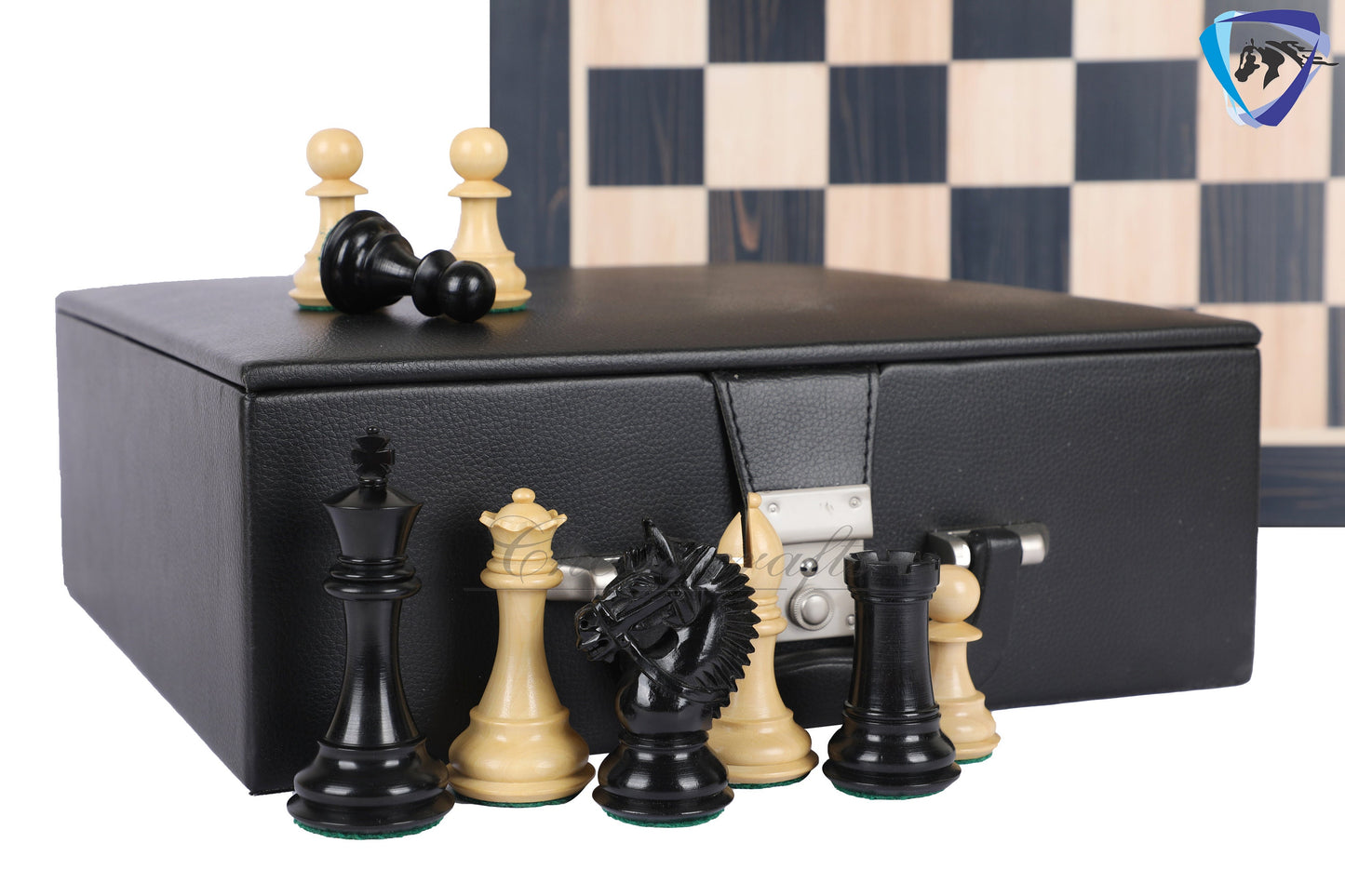 4.2" Ebonywood Staunton Chess Pieces Set - EXCALIBUR- Weighted + 21" Ebonywood look chess board + Leather storage box.