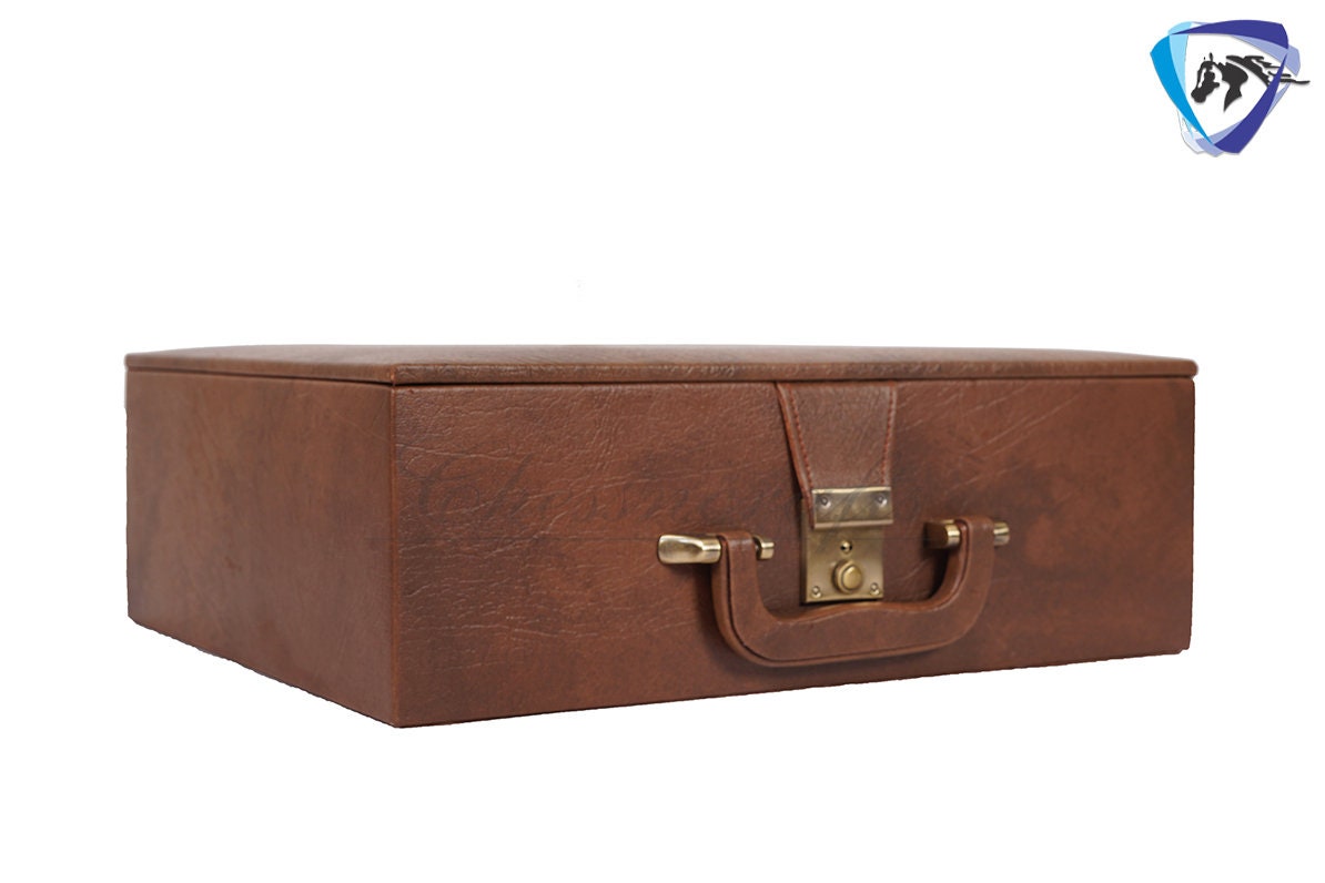TAN BROWN Leatherette Coffer Storage box for Chess Pieces of king Height: 4.0" to 4.5"- 2 Trays, Velvet lining & Lock w/ handle.