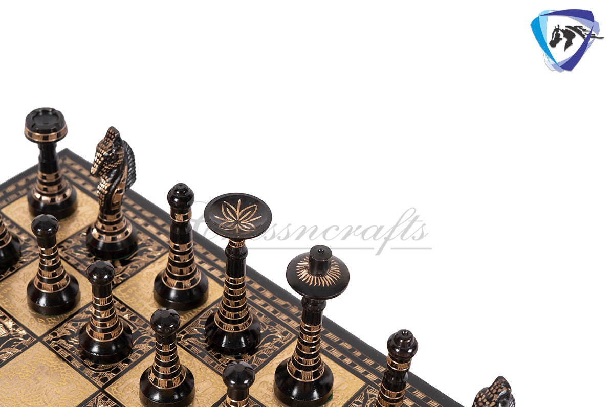 14" Solid Brass Metal Classic HUNGARIAN Hand carved Chess set- Slim chess men Carving with velvet storage box - Brass chess board set