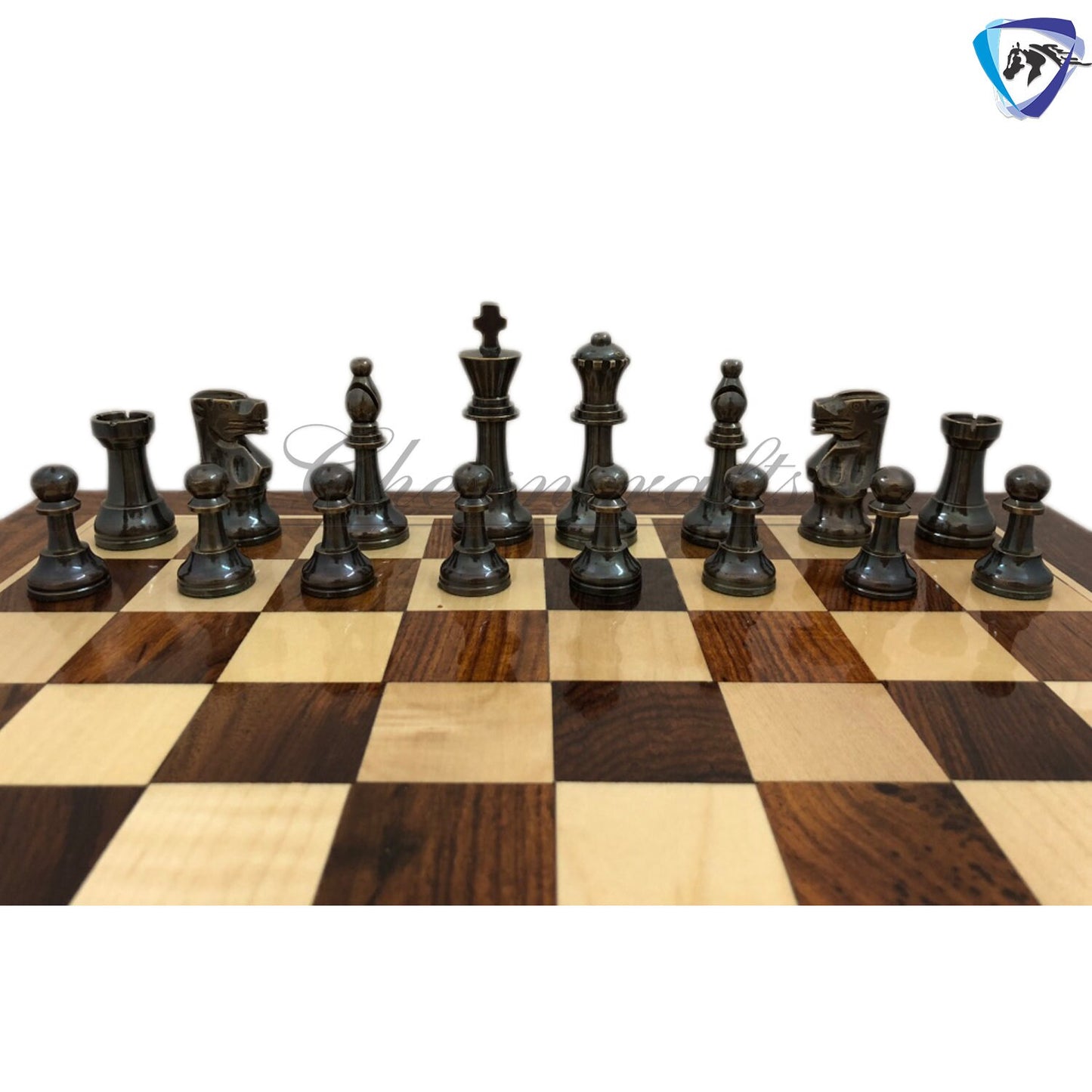 Brass Metal Staunton chess set & Rosewood chess board with storage 16"x16"- Glossy gold black chess men