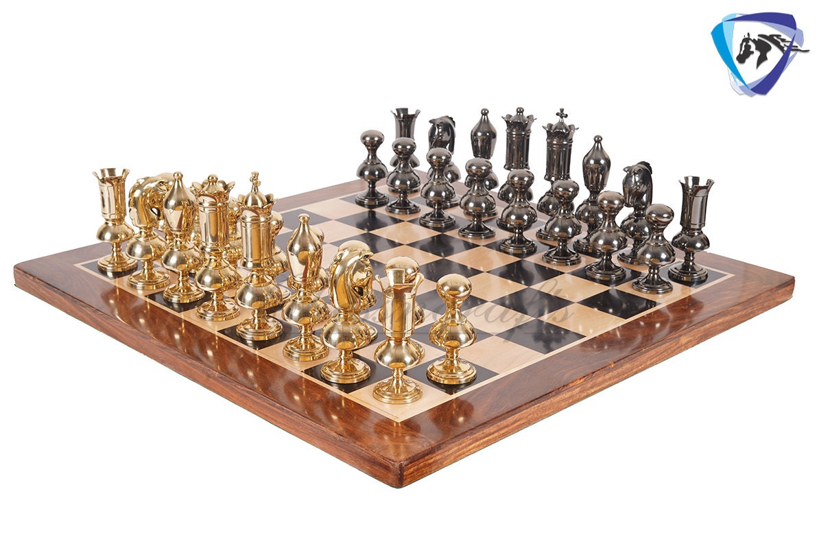 6" Brass Chess pieces set Big size Gold & black VICTORIAN series + 23" Ebonywood chess Board(sq: 60mm) + Leather Storage Box for chess men
