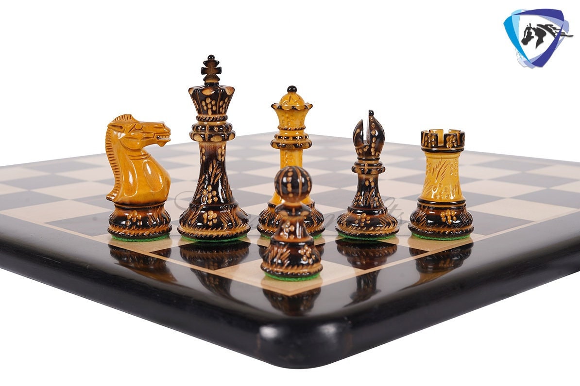 Wooden Staunton Chess set Burnt with Hand Carving King 4" broad base, Weighted & 2 extra Queens