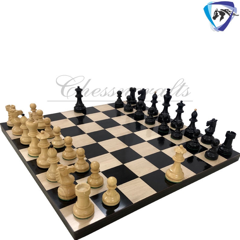 Reproduced Vintage 1950's Circa Bohemia Staunton Series German Chess Set in Ebonized Boxwood & Natural Boxwood - 3.89" King