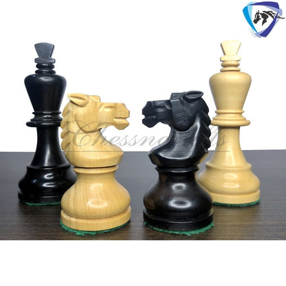 Reproduced Vintage 1950's Circa Bohemia Staunton Series German Chess Set in Ebonized Boxwood & Natural Boxwood - 3.89" King