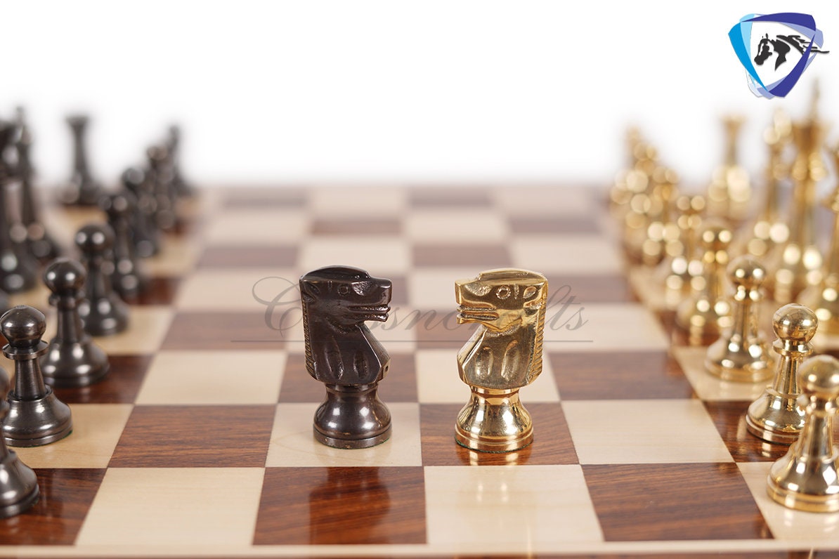 16" Brass Chess Board Set INTERNATIONAL Chess Pieces Black-gold and Rosewood Chess board with Storage drawer | Chess Gift /CHRISTMAS