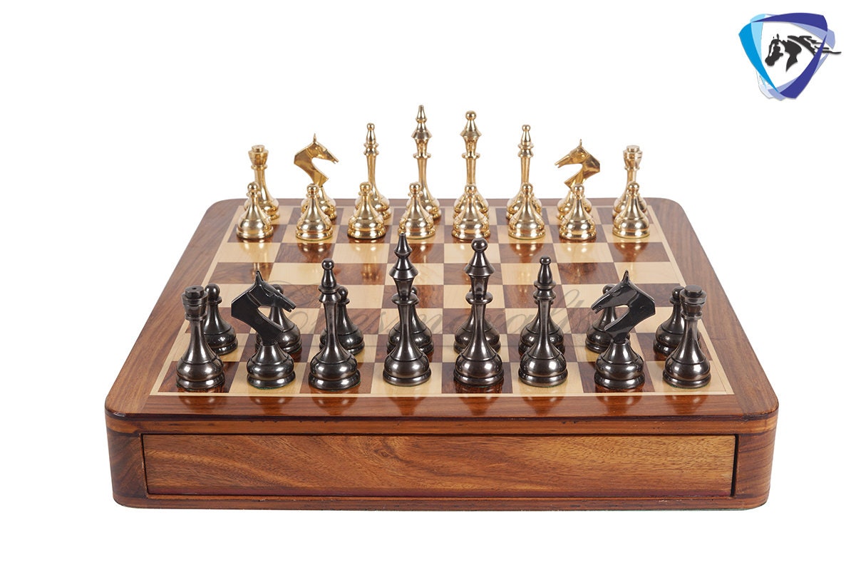16" Brass Chess Board Set MODERN CLASSIC Chess Pieces Black-gold and Rosewood  Chess board with Storage drawer- Chess Gift- Gift for Him