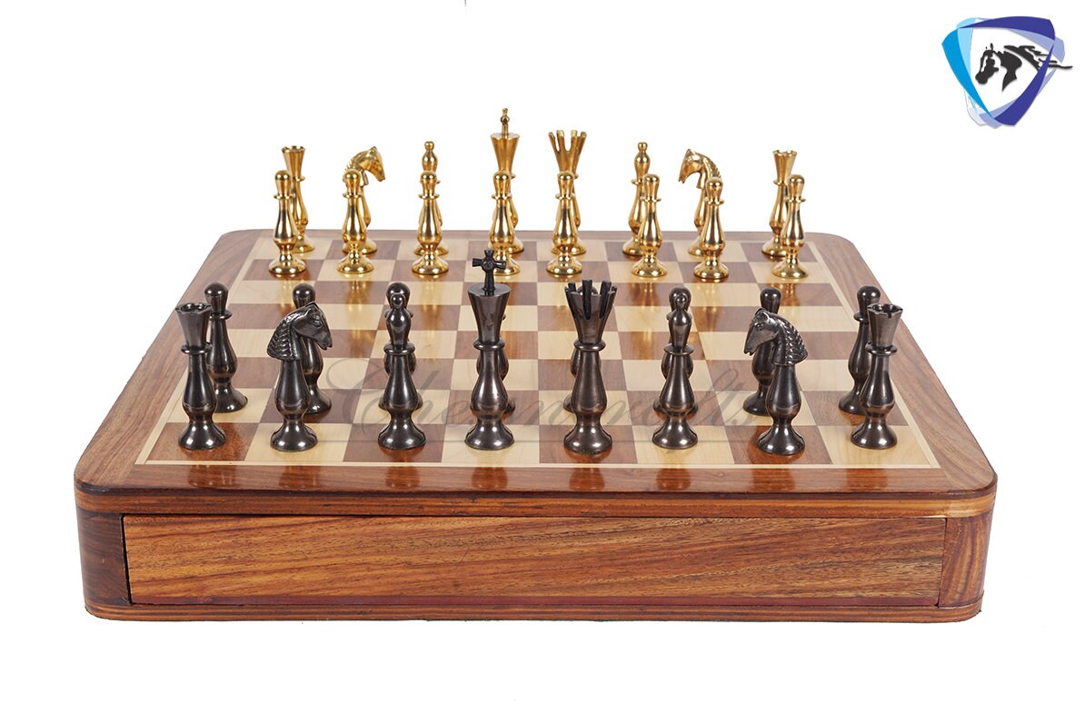 16" Brass Chess Board Set CLASSICAL Chess Pieces Black-gold and Rosewood Chess board with Storage drawer | Chess Gift /CHRISTMAS