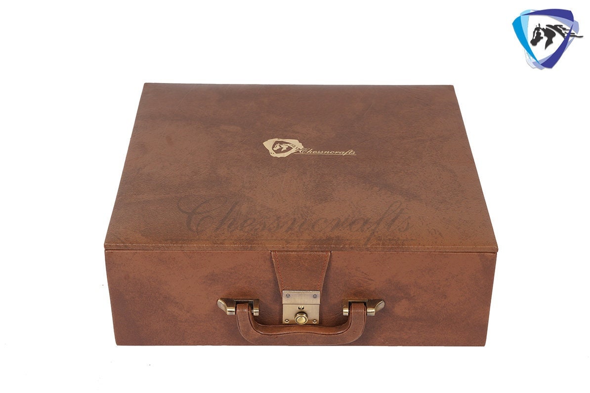 TAN BROWN Leatherette Coffer Storage box for Chess Pieces of king Height: 4.0" to 4.5"- 2 Trays, Velvet lining & Lock w/ handle.