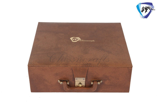 TAN BROWN Leatherette Coffer Storage box for Chess Pieces of king Height: 4.0" to 4.5"- 2 Trays, Velvet lining & Lock w/ handle.