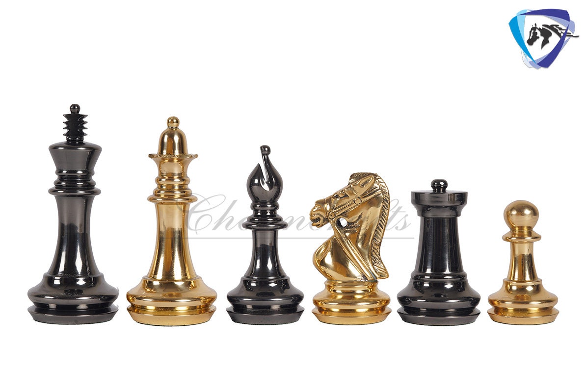 4" Brass Staunton chess pieces set BRIDLED Knight Gold & Black + 19" Ebonywood chess Board(sq:51mm)