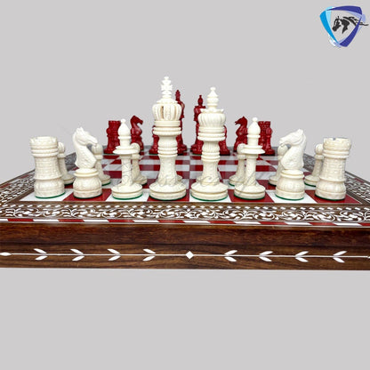 Combo of 16" INLAY ART WORK Wooden folding chess board and 4" Camel Bone Chess pieces Set Red & White