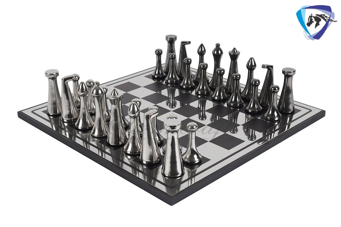 16" Metal chess Board set Reproduced Hermann Ohme Metal chess Set Unique modern design Black-silver Glossy Polish MODERN HOME DECOR Chess