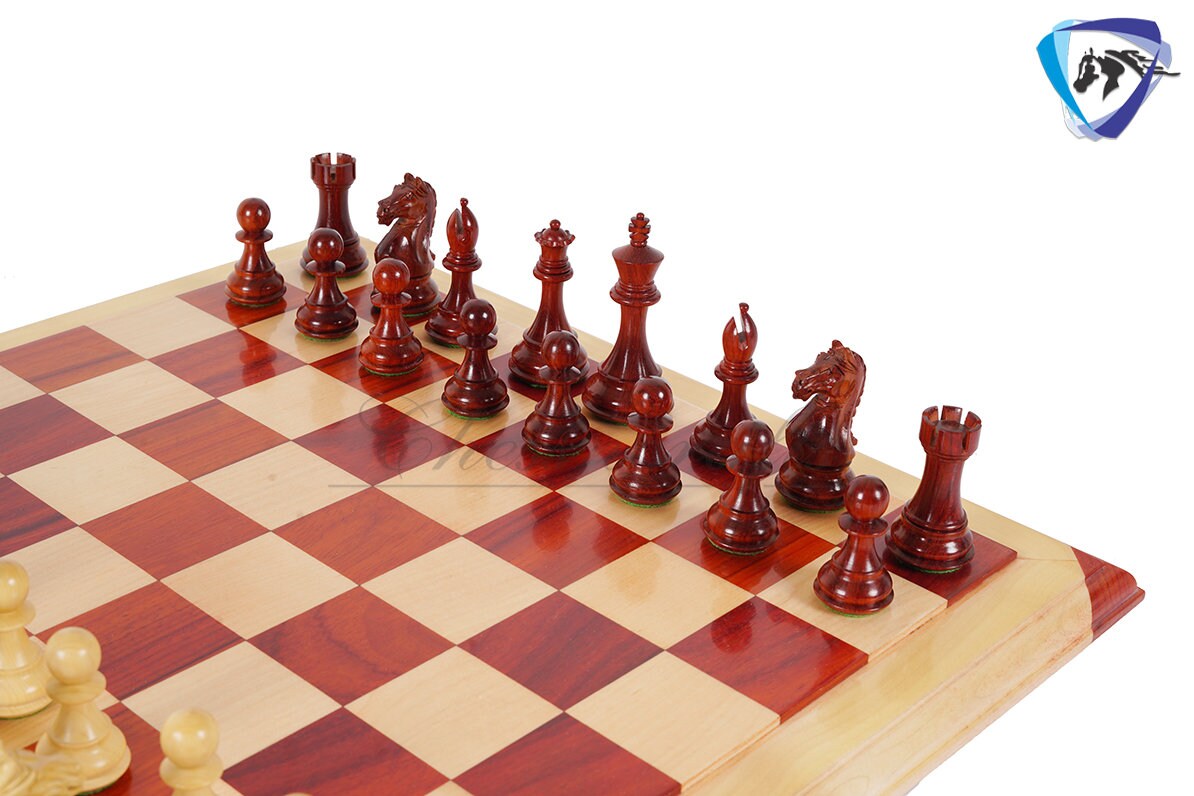 4" Staunton Bud Rosewood Chess pieces Set-Fierce Knight-Weighted-2 Extra queens- 21" Bud Rosewood Chess Board + Leather Storage Box COMBO