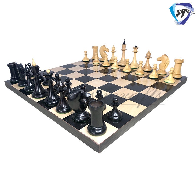4.1" 1950 Soviet(Russian) Latvian Chess Pieces Set in Ebonized Boxwood-Reproduction chess pieces + 55mm SQ Ebonywood Borderless chess board