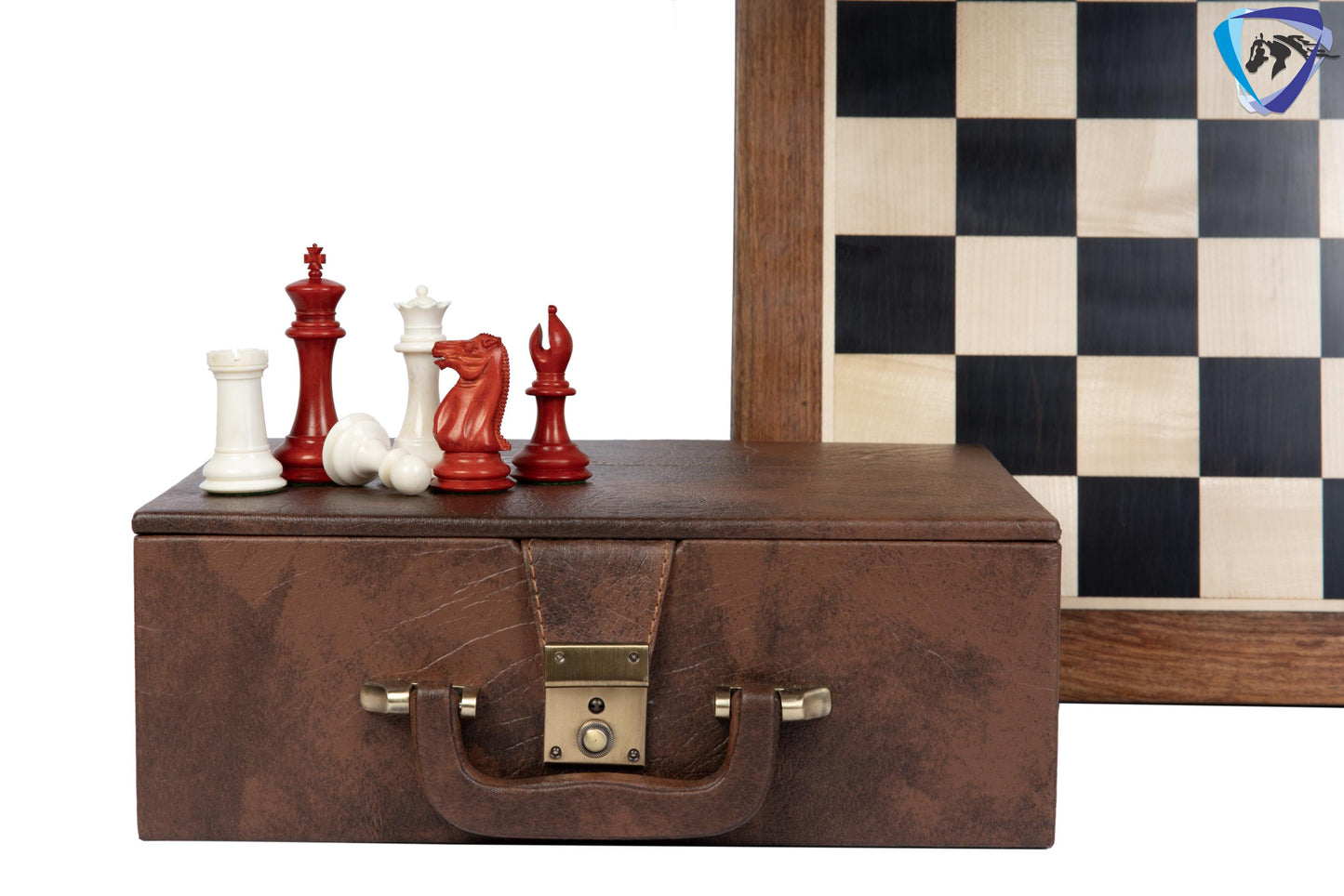 3.75" Camel Bone Staunton chess Pieces set- 1849 reproduced Cooke in Antique distressed + 21" Ebony wood chess board + Leather Storage Box